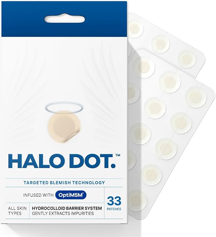 Halo Dot™ Adesivos hidrocoloides para uso localizado no rosto com OptiMSM®, 33 unidades e estojo interno para viagem