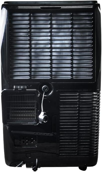 የኋላ view of the Mistral MPAC1600R portable air conditioner, showing the exhaust outlet, drain port, and power cord.