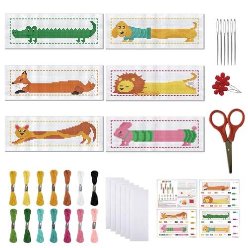 Image of FREEBLOSS 6 Set Cross Stitch Bookmark Kits Stamped Cross Stitch Kit 11CT Embroidery Kit with Instructions for Adults Beginners Creative Animals Pattern, 20x6cm /8x2.4inch