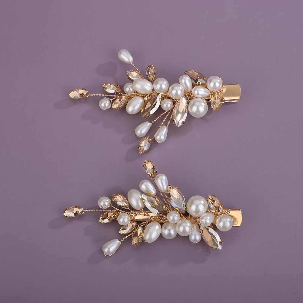 Teyglen 2 pinzas para el pelo de boda con perlas de cristal champán, pasadores para el pelo con diamantes de imitación, horquillas decorativas para el cabello, accesorios de joyería para el cabello