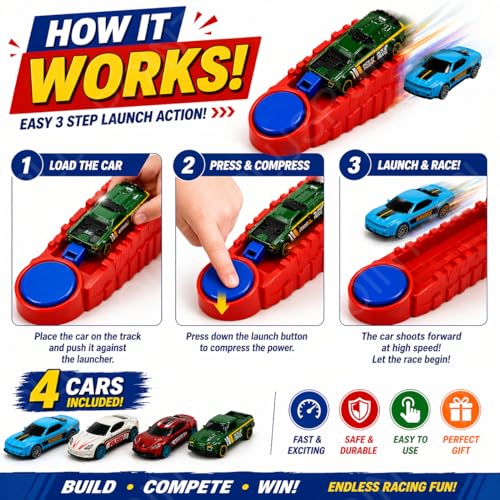 Image of PLUSPOINT Diecast Toy Cars with Catapult Launcher, 4 Pack Alloy Mini Sports Cars Set, Press & Eject Racing Track Toy, Kids Car Toys for Boys & Girls Ages 3+, Gift Playset