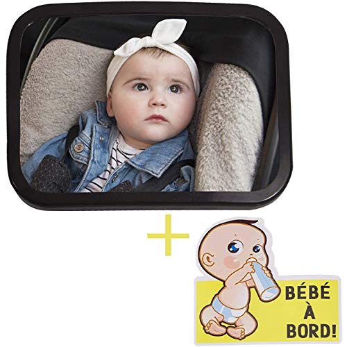 Baby Pleasure - Specchietto retrovisore per auto con specchio infrangibile [17.5 x 24 cm] per vedere il bambino nel suo seggiolino auto sul sedile posteriore, accessorio adesivo incluso