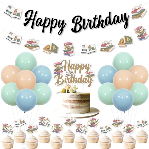Image of Storybook Theme Birthday Decorations, Book Happy Birthday Banner Cake Cupcake Topper Storybook Sign Latex Balloons, Library Reading Book Club Bday Back to School Party Decor Supplies