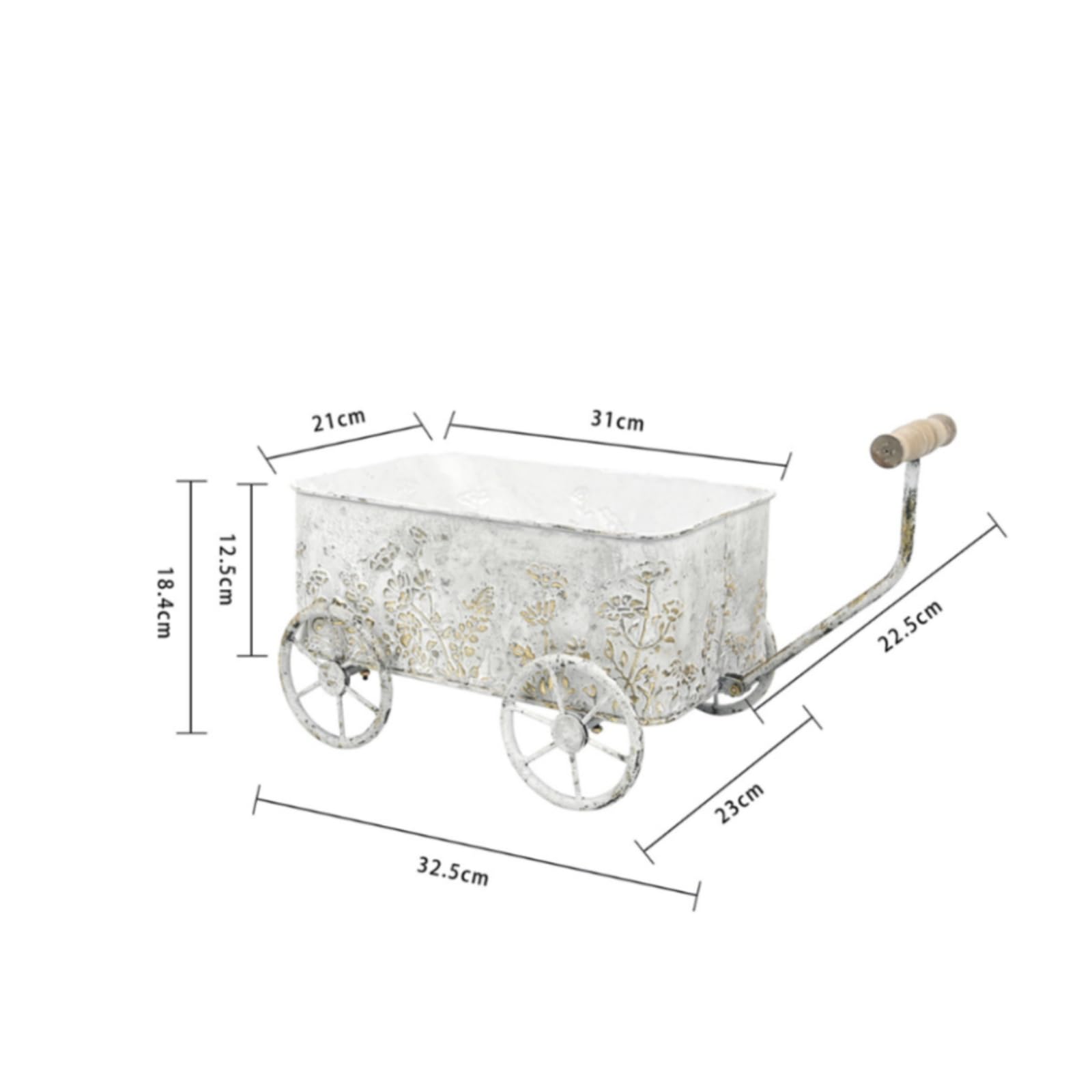 Outdoor Dekorativer Pflanzwagen Metall Eisen Holzgriff Klassische Wagenform Antiker Charakter mit Relief für Eingangsbereich Terrasse Wohnung, Weißgoldfarben Antik