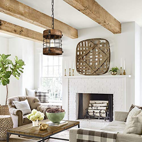 Wochos Retro Industrial Metal And Wood Chandelier 1-Light Round Cage Pendant Light Fixture For Kitchen Island Foyer Hallway Bar Dining Room Restaurant thumb #1