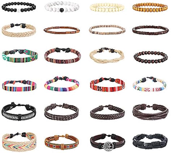Finrezio 24 Pcs Braided Leather Bracelet Set for Women Men Wristbands Boho Ethnic Tribal Linen Hemp Cords Beads Wrap Bracelets String Handmade Jewelry