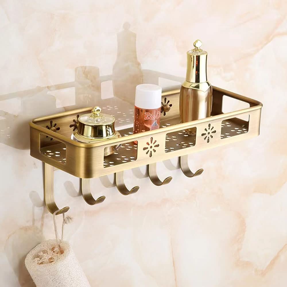 Estante de ducha de latón inoxidable montado en la pared con 5 Hoo - Nizer de baño para champú, jabón y accesorios - Organizador de ducha que ahorra espacio Sto Solut