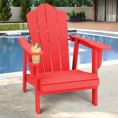PROHIKER Adirondack Chair with Cup Holder, HDPE Outdoor Patio Chair All Weather Outdoor Chairs for Lawn Garden Porch Backyard, Plastic, Red