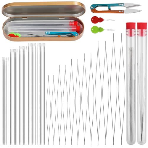 47 Stck Perlennadel Set, Perlennadeln für Rocailles, 6 Größen Perlennadeln für Kleine Perlen,5 Größen Rocailles Nadeln, Inklusive Schere Nadel Flasche und Karton für DIY die Schmuckherstellung