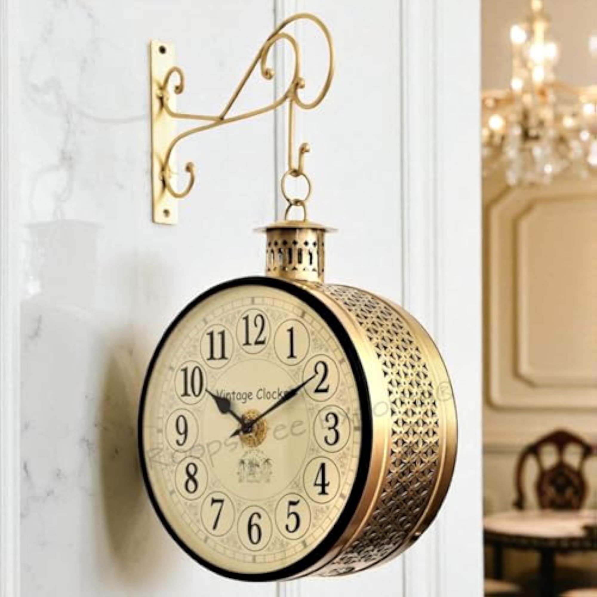 Handcrafted Double Side Analog Wall Clock, Brass Finish