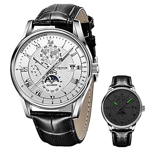 Men Watch Automatic Sun Moon Phase 50M Waterproof Watch Date Week Month Multi Functions Leather Watch Sliver Bezel White Dial Business or Casual Fashion Wrist Watch, Reloje de Hombre.