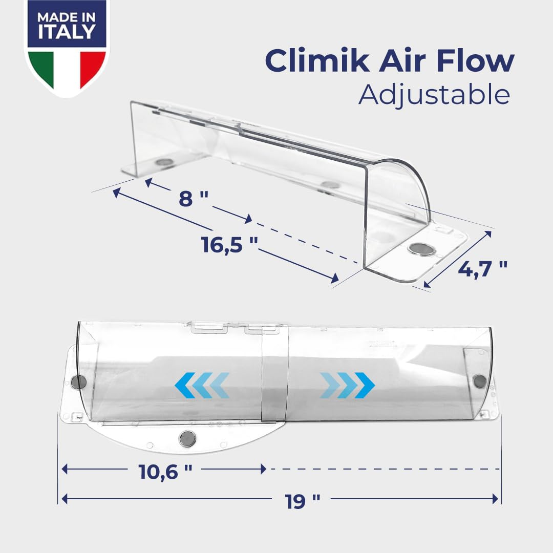 Deflettori d'Aria Regolabili Climik (Confezione da 2) – Estensione da 20 a 42 cm, Plastica ad Alta Trasparenza, Fissaggio Magnetico per Bocchette da Pavimento, Parete e Soffitto – Made in Italy