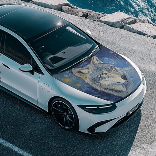 Image of Oil Painting Wolf Car Hood Cover Weatherproof Automotive Exterior Accessories Universal Fit Hood Covers for Cars, Trucks, SUV, or Van Full Coverage with Elastic Band