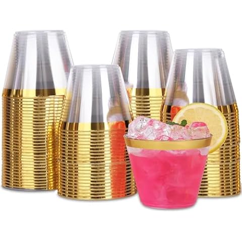 STACKABLES 9oz Clear Plastic Tumblers with Gold Rim Cover