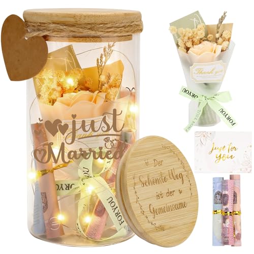 Hochzeitsgeschenke Spardose für Brautpaar und Frisch Verliebte mit Trockenblumen, Anhänger und Card, Hochzeit Just Married Personalisiert...