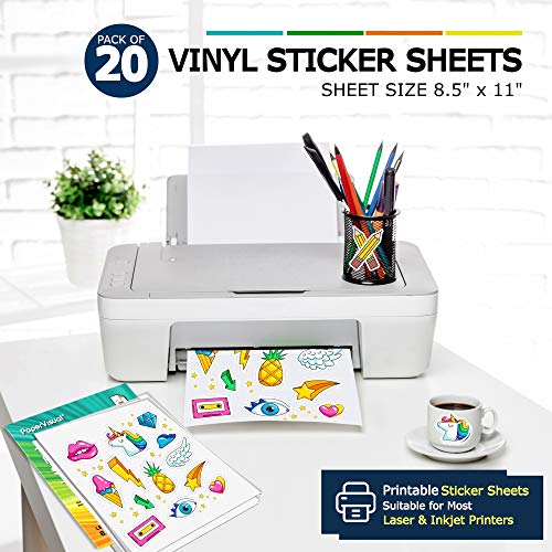 Image of Premium Printable Vinyl Sticker Paper for Inkjet and Laser Printer - 20 White Matte Sticker Paper Waterproof - Excellent Adhesion Paper 8.5 x 11, Fast Dry, Holds Ink Well, Great for Cutting Machines