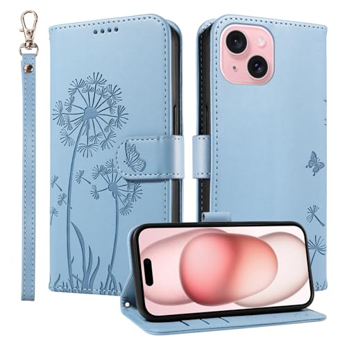 Trugox Wallet Case for Apple iPhone 15 Phone Case Leather Dandelion with Credit Card Holder Purse Kickstand Folio Book Folding Flip Case Cover Women Shockproof - Azure