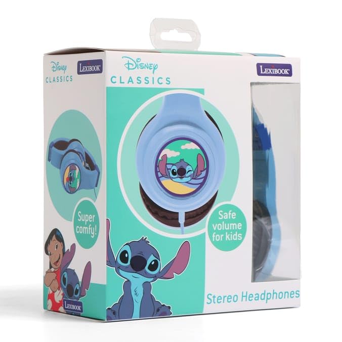 Disney Classics Stitch - Auriculares estéreo para niños, control de volumen seguro, súper cómodos, color azul claro