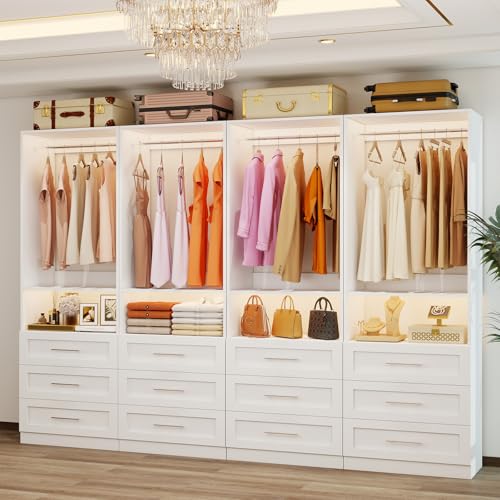 Closet System with 4 Sets, 8FT-21FT Customizable Closet Organizer System with 12 Drawers &4 Shelves & 8 Hanging Rods, Modular L-Shaped Walk-in Closet or Freestanding Closet Storage System Tower, White