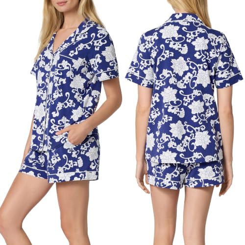 Image of Bed Head PJs Organic Cotton Short Sleeve Button Down Pajamas for Women Set | Womens Pajama Sets Matching 2 Piece PJ Shirt & Shorts with Pockets - Soft Cozy Jersey Sleepwear & Loungewear
