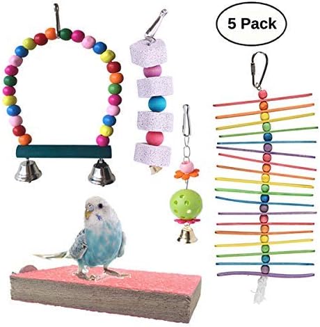 Vehomy Bird Toys Bird Beak Grinding Stone Bird Swing Bird Hanging Bell Bird Perch Pet Bird Popsicle Sticks Chewing Toy for Parakeets,…