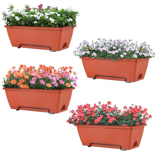 LIANTRAL 4 Pack Wall Planters, Wall Hanging Planter Set with Metal Frame & Plastic Box, Flower Pot for Windows, Railings, Fences, Hanging Balcony Garden Planter Home Decor, 42.6 x 17 x 13.5 cm, Red