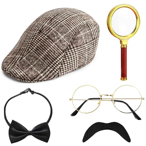 5 Stück Detektiv Kostüm Zubehör Set, Sherlock Holmes Kostüm Accessoires mit Detektiv Hut Brille Falscher Schnurrbart Lupe Fliege Detektiv Cosplay Requisiten für Fasching Karneval Cosplay Party