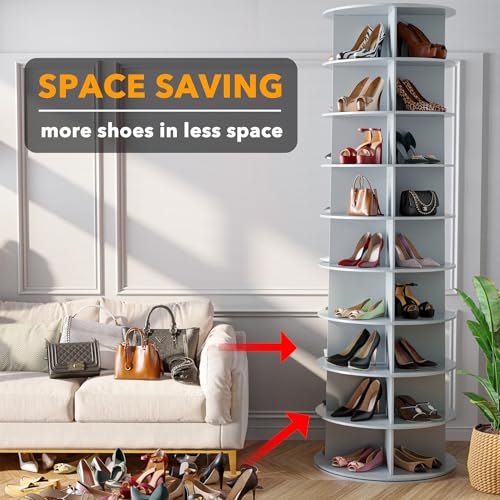 SpaceAid 9 Tier Rotating Shoe Rack Tower, Spinning Shoe Display Lazy Susan, Revolving 360 Shoe Rack Storage Round Carousel, Vertical Handbag Rotate Shoes Closet Organization (9-Tier Gray)