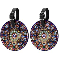 Paquete de 2 etiquetas para equipaje de viaje de piel sintética, con ventana de vitrage, bolsa de equipaje con solapa de privacidad, etiqueta de identificación para mujeres, hombres y niñas (redondas)