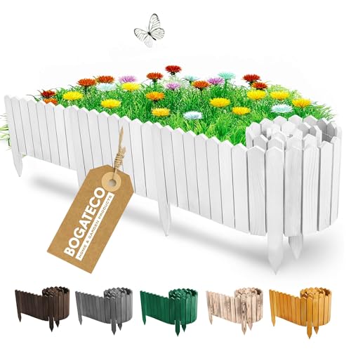 BOGATECO Beeteinfassung Holz Rollborder Holzlatten | Rollzaun 10cm Hoch & 200cm lang | Holz-Zaun | Staketenzaun Perfekt als Beet-Umrandung oder Weg-Abgrenzung | Weiß
