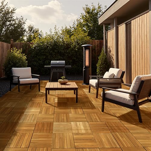 Megsu Wood Interlocking Deck Tiles - 12"x12" Indoor & Outdoor Flooring Tiles for Balcony, Backyard & Poolside, Weather & UV Resistant (Golden - Striped Pattern, 9 Pcs - 9 Square Ft) by MEGSU - Used condition - Image 2