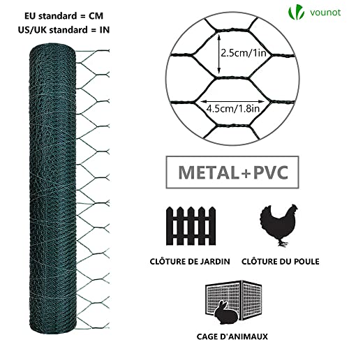VOUNOT® Maschendrahtzaun Sechseckgeflecht, Drahtzaun Hasendraht Kaninchendraht Hühnerdraht, Maschenweite 25 mm, Höhe 100 cm, Länge 50 m, PVC-Beschichtet Grün