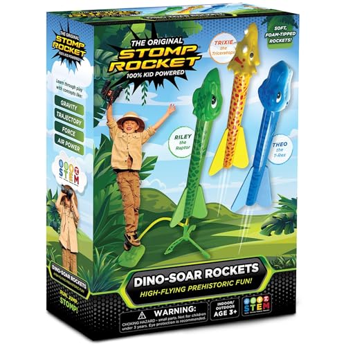 Stomp Rocket Dino-Soar Rocket Launcher for Kids - 3 Dinosaur-Themed Rockets - Fun Backyard & Outdoor Fun Toy Gift for Boys & Girls - STEM Soft Foam Blaster Set - Ages 3 & Up