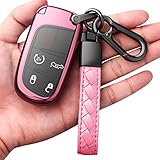 Compatible with Jeep Key Fob Cover with Leather Keychain Soft TPU Protection Key Case for Grand Cherokee Renegade Chrysler 200 300 Dodge RAM Durango Challenger Journey Dart Fiat Smart Key Pink