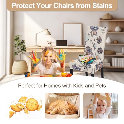 Image of SearchI Dining Room Chair Covers Set of 4, Stretch Printed Floral Parsons Chair Slipcovers Spandex Removable Washable Kitchen Chair Protector Cover for Dining Room, Hotel, Ceremony (Beige+Flower)
