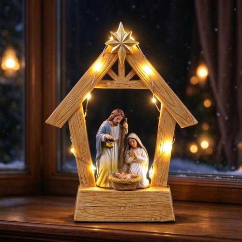 Wooden Jesus Nativity Scene Horse Trough Ornament & Led Lights, Home Decor - image 5