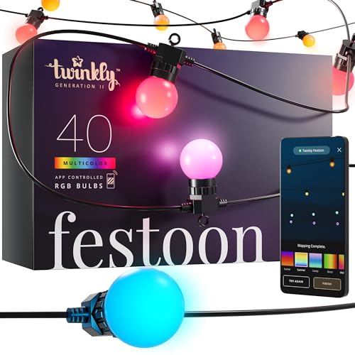 Twinkly Festoon 40 LED RGB, Lichterkette mit 40 LED-Lampen, Mehrfarbige RGB Außen- und Innenbeleuchtung, Kompatibel mit Alexa, Google Home, Gaming-Lichter, IP44, App-Steuerung, Schwarzes Kabel, 20m