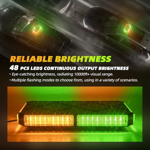 Image of 12 Inch Roof Top Beacon Emergency Strobe Lights w /Magnetic Base, Mini LED Warning Traffic Hazard Caution Light Bar for Halloween Work Trucks Vehicles (Amber /Green)