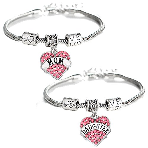 YEEQIN Set of 2 Crystal Heart Mom Daughter Charm Bracelet Jewelry Gift for Mother and Daughter
