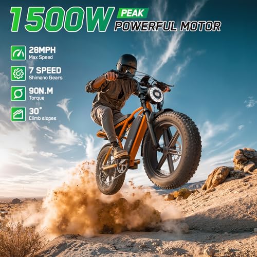Image of TST Electric Bike for Adults, 1500W Peak Motor 60 Miles Fat Tire E Bike with 48V 15Ah Removable Battery 20 inch Electric Bike with Dual Suspension, Orange, RS