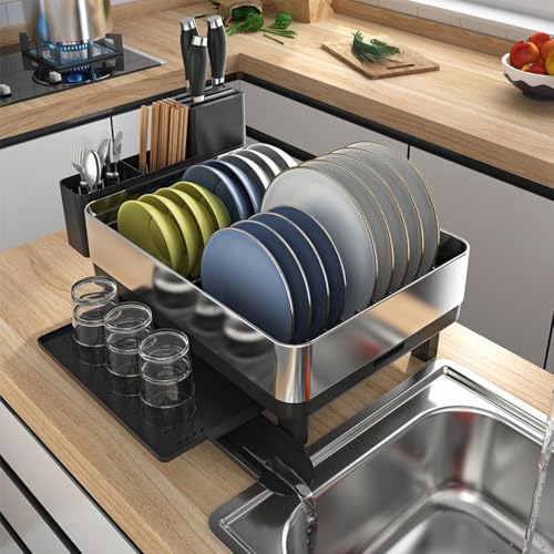 Alivio Dish Drainer Rack, Stainless Steel Dish Rack with Utensil Holder & 360 Degree Swivel Spout, Kitchen Sink Draining Board Rack, Space Saving Dish Drying Rack