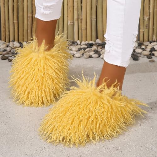 Image of Unisex Fuzzy Faux Fur Slippers, Women's Fluffy Long Hair Sheep Faux Fur Slip on Slides, Girls Luxury Big Fluffy Outdoor Flat Slippers, Long Curly Hair Non-Slip Warm Home Slide Shoes