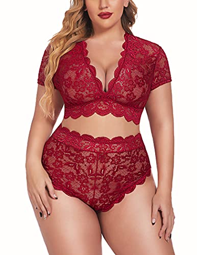 Avidlove Plus Size Lingerie Plus Floral Lace Scallop Trim Lingerie Set Deep V Allover Lace Bra Panties Set Sexy Clubwear (22W, 1 Wine Red)
