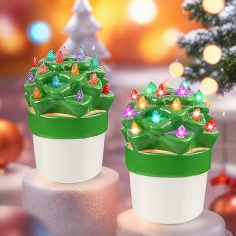 Phoncoo ​​​​​2 Pcs Ceramic Christmas Tree, Vintage Christmas Cactus Tree with Multicolored Lights, 6in Tabletop Green Ceramic Light Up Christmas Tree - Christmas Stocking Stuffers for Women Cover