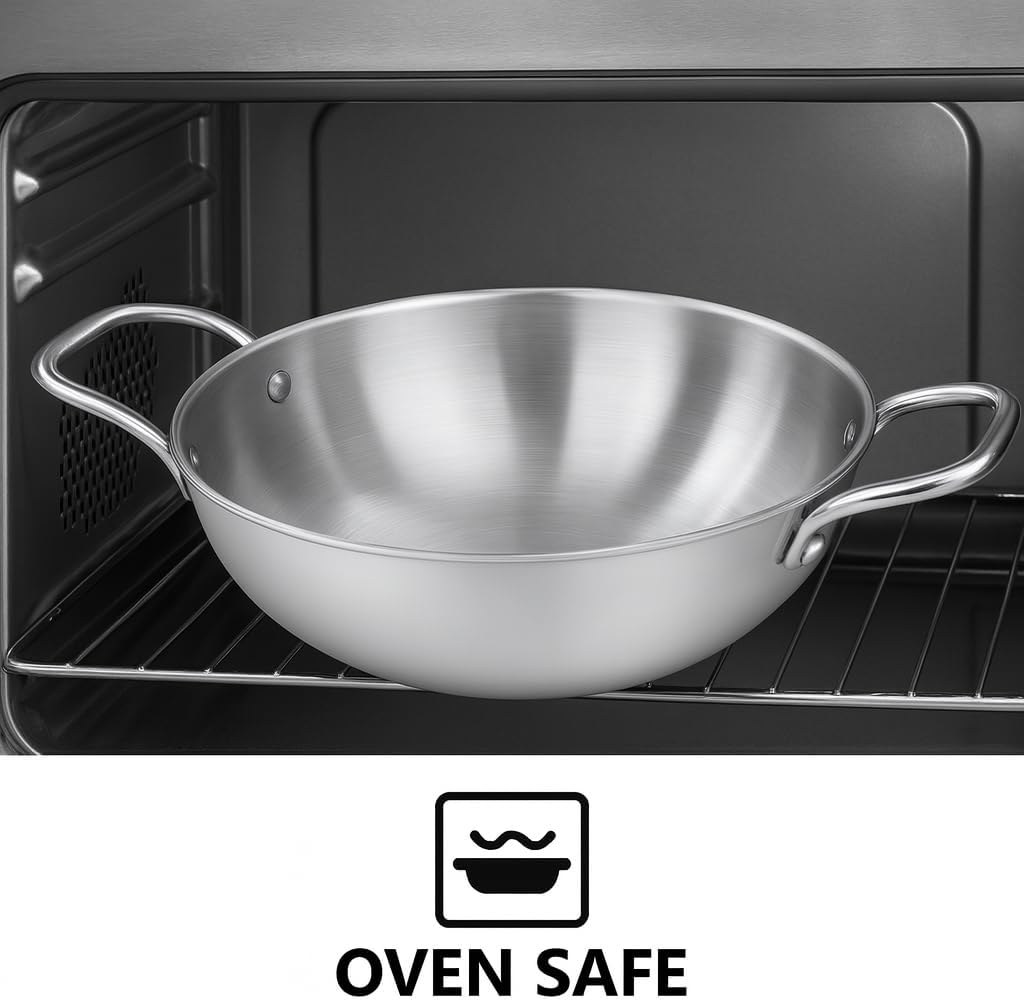 Tri-Ply Stainless Steel Deep Kadai 24 cm | 3-Layer Aluminum Core Construction for Even Heat Distribution Gas & Induction Compatible Rust-Free Cookware Pan with Dual Handles for Curry & Deep Frying