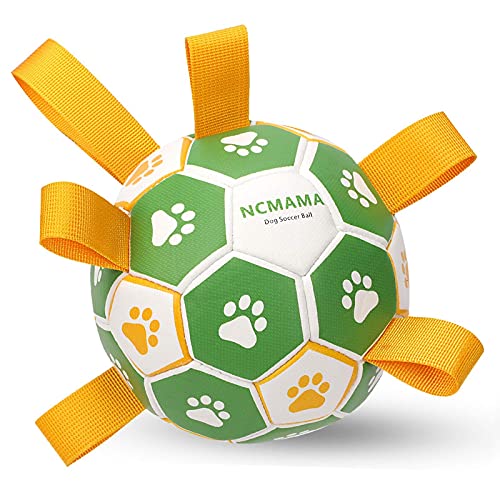 Dog Soccer Ball with Grab Tabs, Upgraded Interactive Dog Toys, Tug of War Dog Toy, Rubber Ball, Dog Water Toy, Herding Ball for Dogs, Funny Dog Toys for Small & Medium Dogs (Medium-Yellow 01)