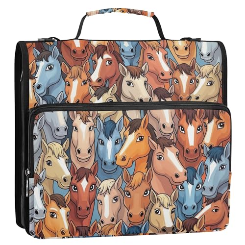 カラフル 漫画 馬 ブルー ブロウ 1.5インチ 3リングバインダー 高耐久 ジップアップバインダー オーガナイザー バインダー ストラップ付き ミドルスクールバッグ ポートフォリオ & ケース リングフォルダーホルダー