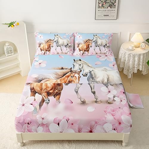 Qoomo Peach Blossom White Horse Bedding For Boys And Girls Steed Watercolor Silky Soft Microfiber Bed Sheets Blue Pink Gradient Kids Bedding Set Full Size 1 Fitted Sheet cover