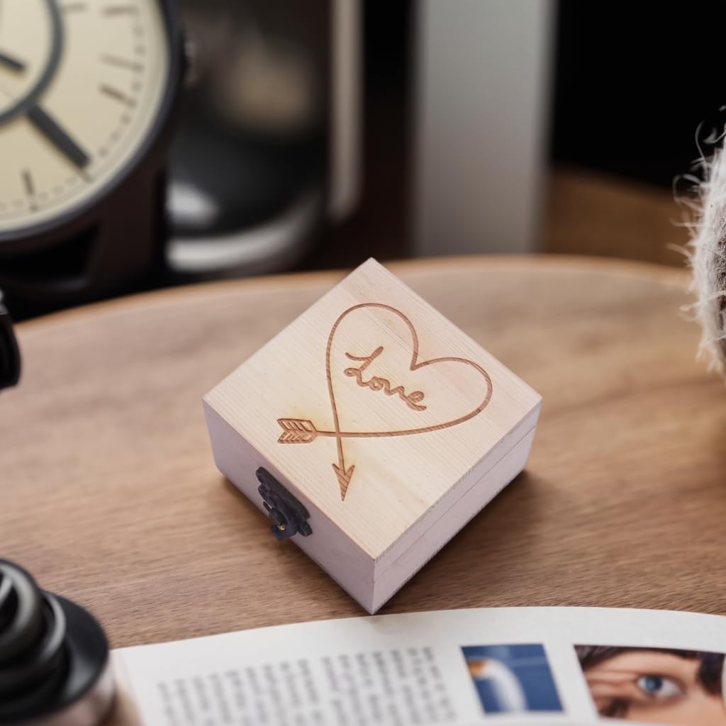 Handcrafted Pine Wood Box with LOVE Arrow Carving – 9×9×5.9 cm, Ideal for Jewelry, Watches, and Gift Packaging