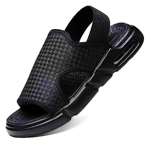 Men's Black Soft Sole Woven Summer Sandals, Air Cushion Shock Absorption Non-slip Outdoor Water Shoes